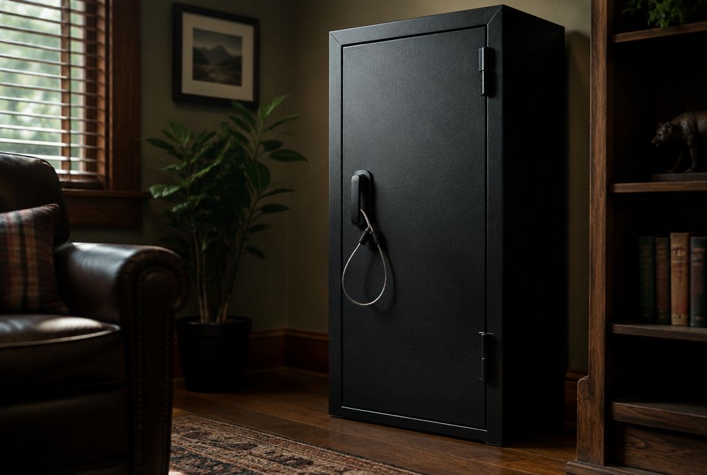 Un coffre-fort en acier noir fermé dans un bureau à domicile, avec un câble de sécurité sur la poignée