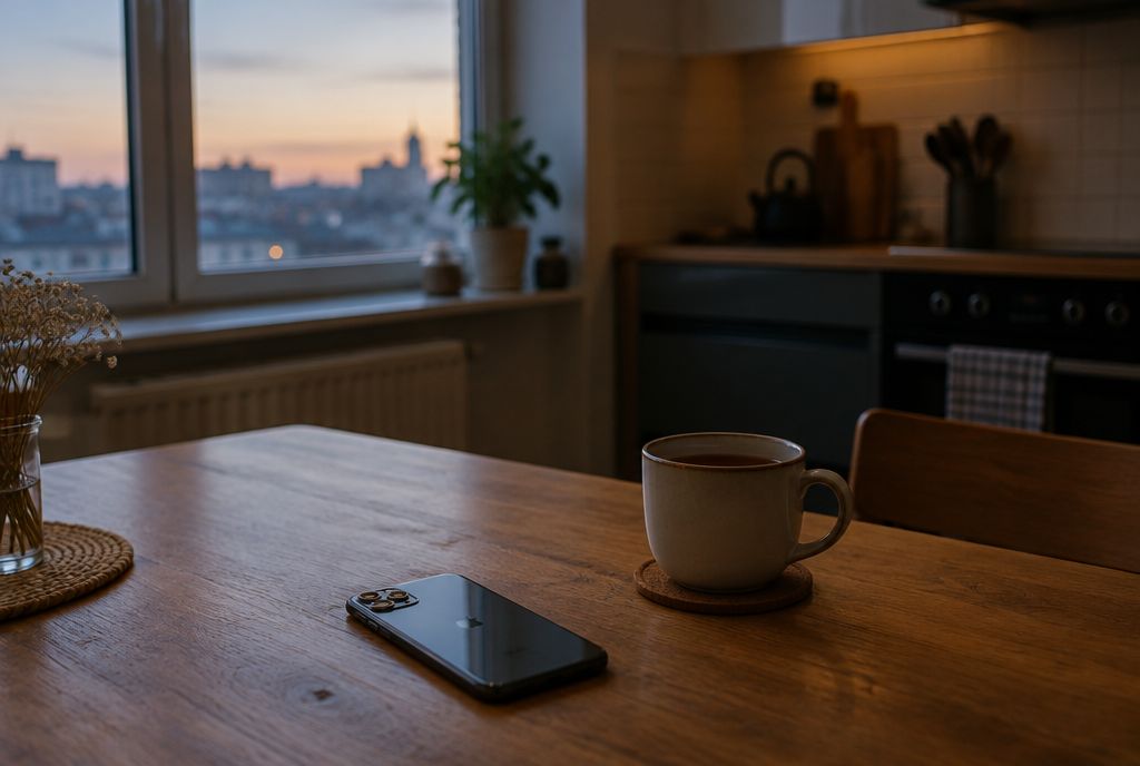 Cuisine d'un appartement au crépuscule, avec un téléphone posé face contre la table à côté d'une tasse