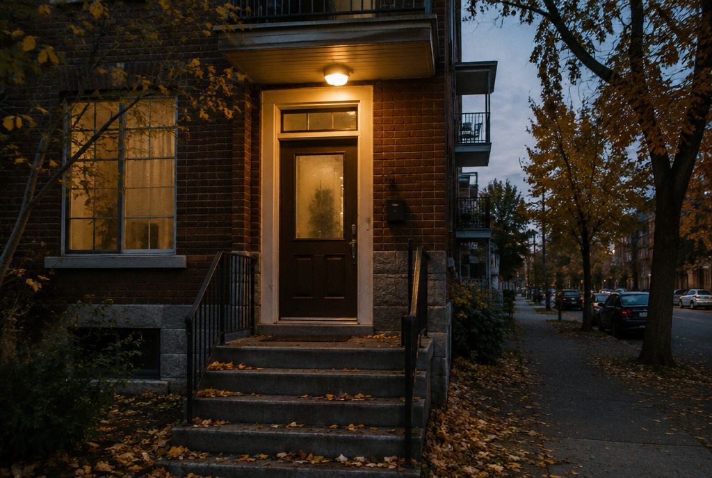 Porte d'entrée d'un triplex montréalais au crépuscule, la lumière du perron allumée