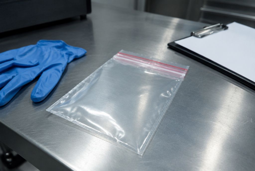 Un sac de preuve transparent et vide sur une table en acier, à côté de gants bleus